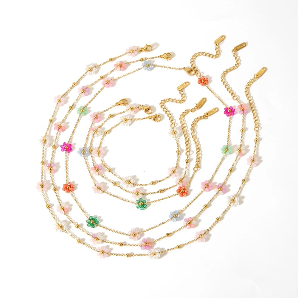 Set di collane con bracciale floreale colorato in cristallo carino intrecciato a mano in acciaio inossidabile di moda Set di gioielli con ciondoli impermeabili per donne