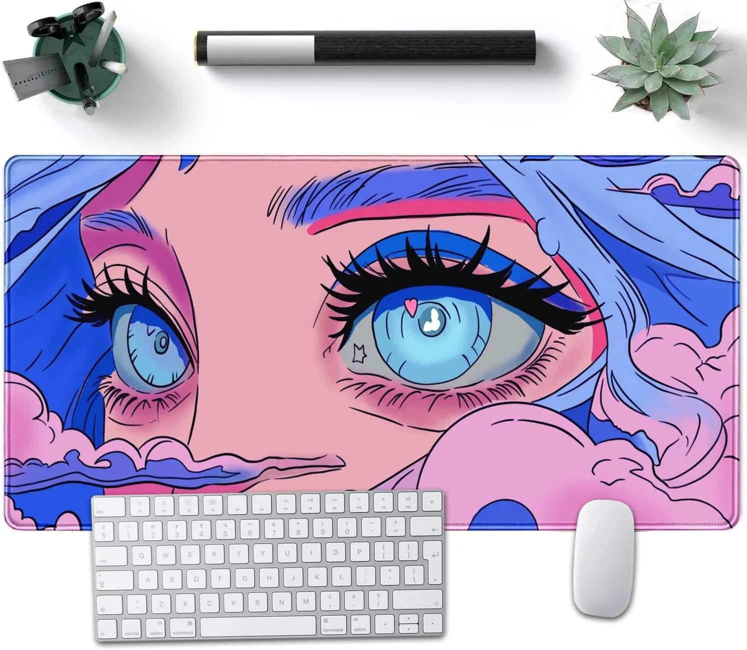 Tappetino da scrivania rosa ragazza con occhi amorevoli – Tappetino per mouse giapponese estetico XXL per giochi, decorazioni per ufficio e desktop