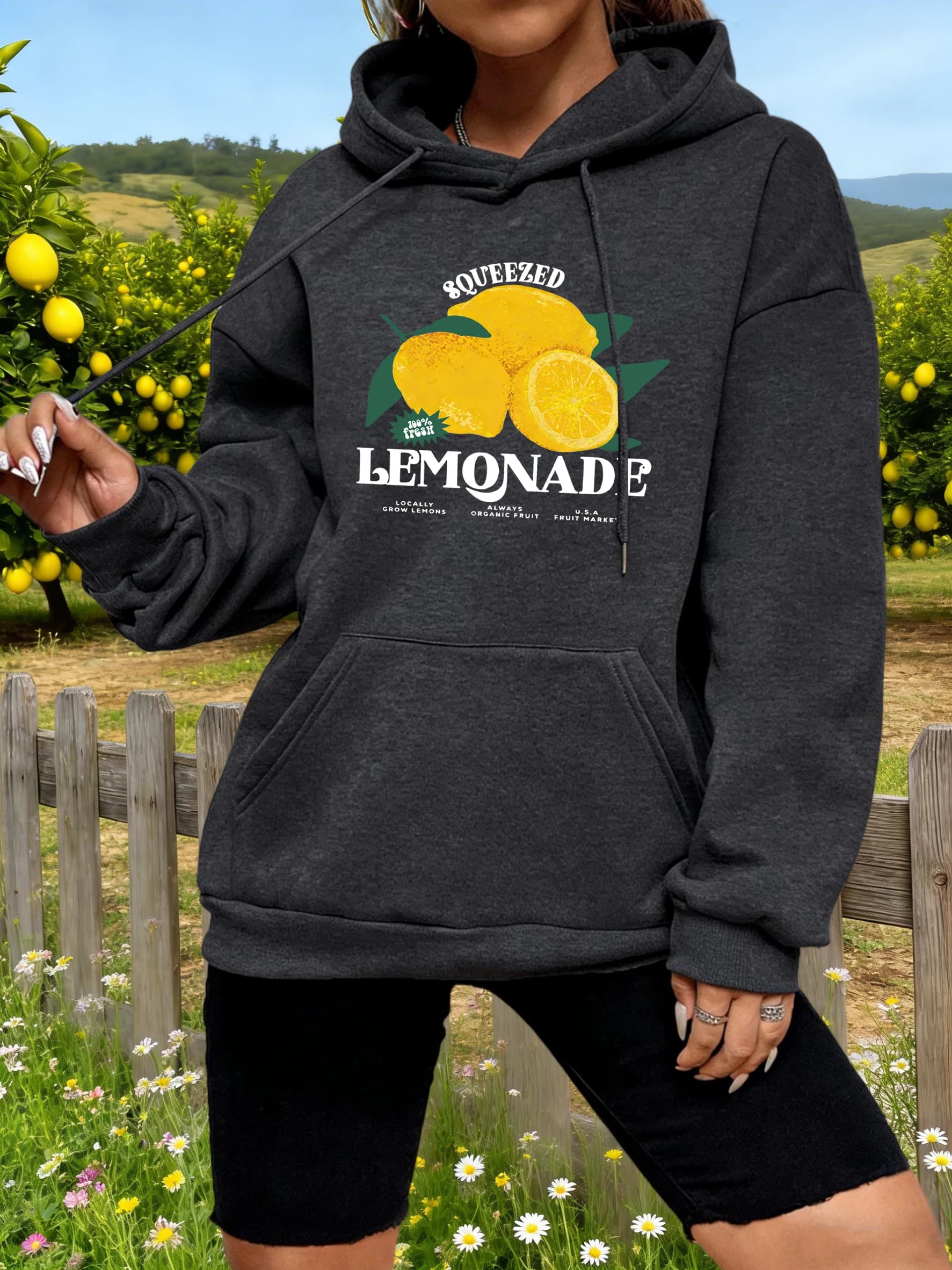 Women's hoodie with Limonata Spremuta print and Fresh lemons, Y2K style, with pockets, fleece, wide fit, for fall, casual, sports, jogging