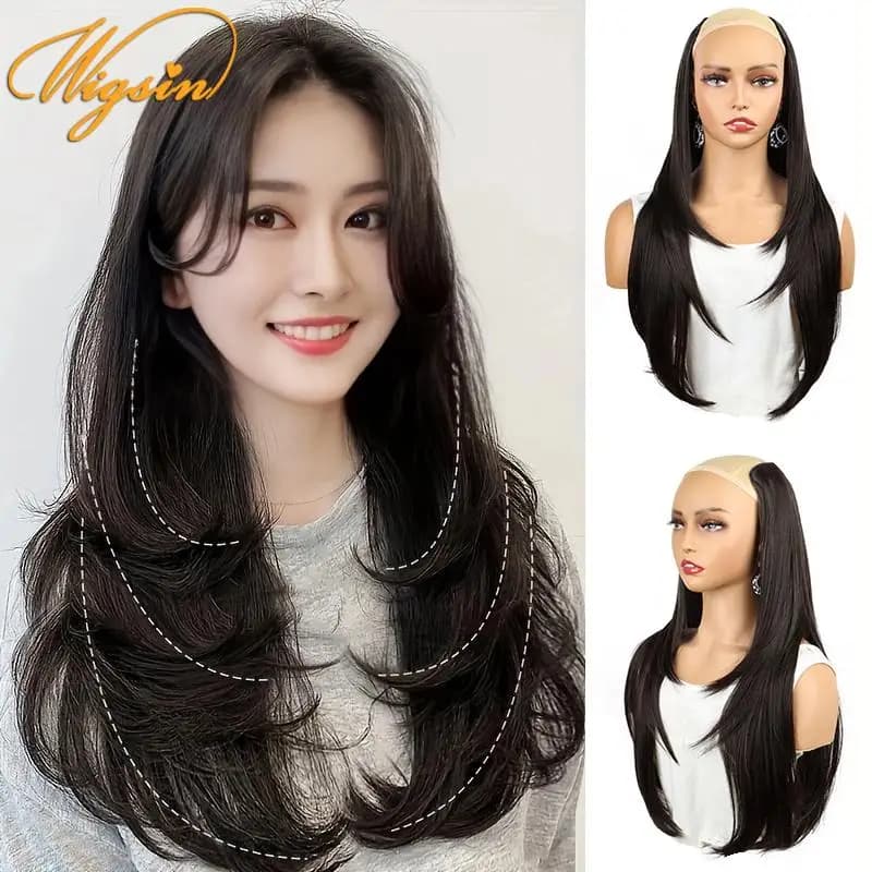 WIGSIN Extension for Synthetic V Hair Stratified by 22 Inches with 4 Clips, Smooth Hair, Fashion Invisible Hair for Women