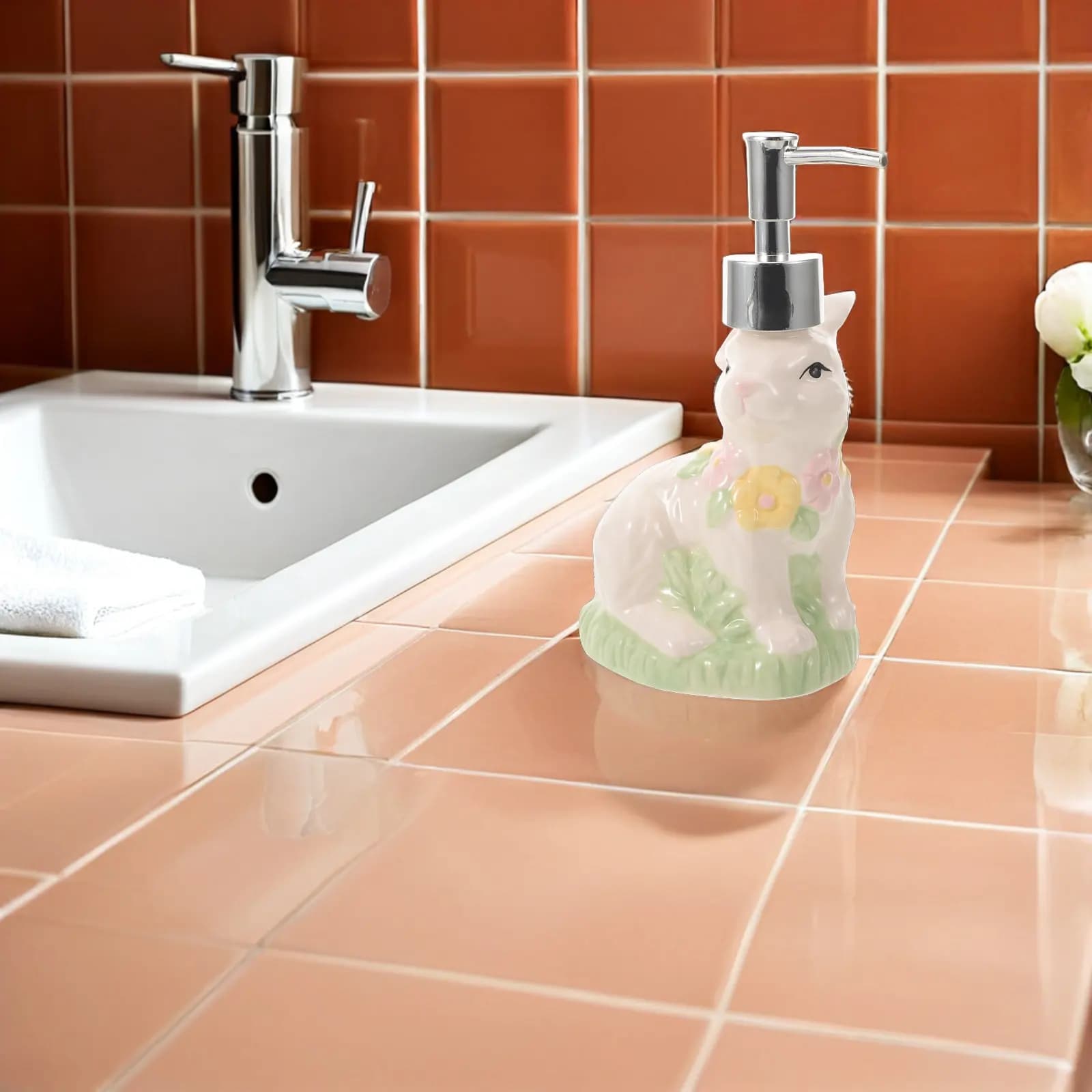 Easter Bunny Soap Dispenser Ceramic Lotion Pump Dispenser Refillable Liquid Container for Bathroom Sink Countertop Spring Decor