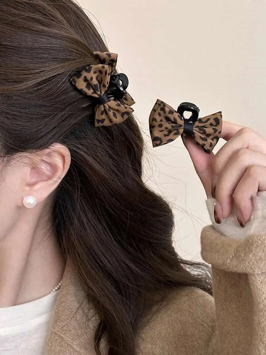 2pcs Womens Leopard Print Bow Hair Claw Clips For Daily Party Casual Wear