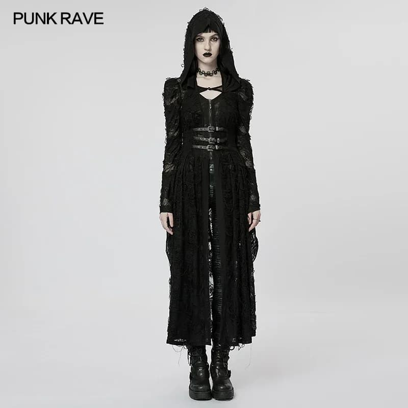 PUNK RAVE Cappotto lavorato a maglia gotico scuro da donna Design indipendente in due pezzi Abito lungo con cappuccio con scollo all'americana e motivo rosa