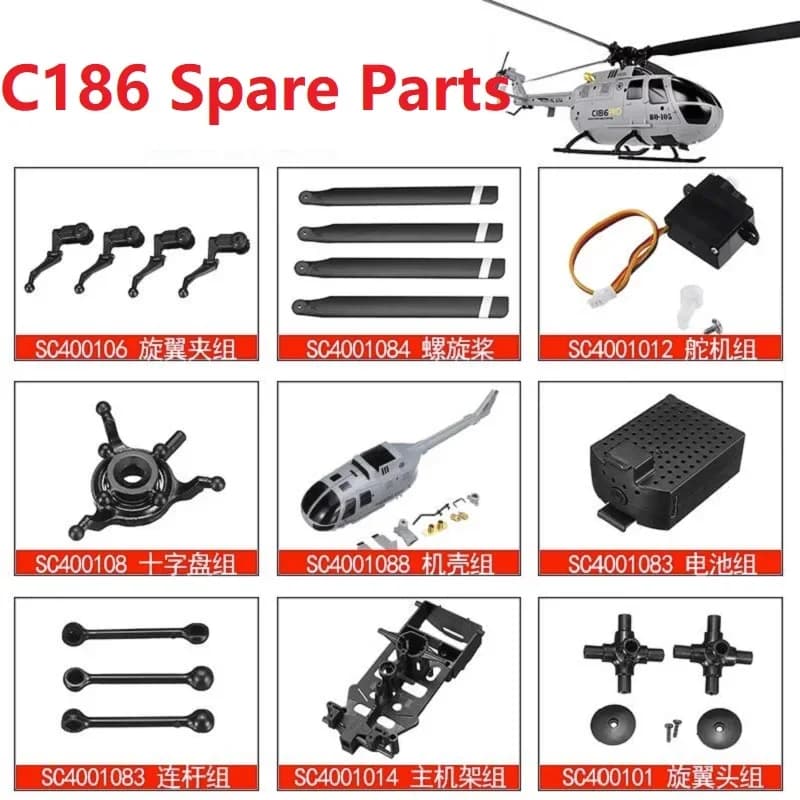 RC EAR C186 BO105 E120 RC Elicottero Pezzi di ricambio Lama Carrello di atterraggio Corpo motore Borsette Cuscinetto Ricevitore Telaio Rotore Clip