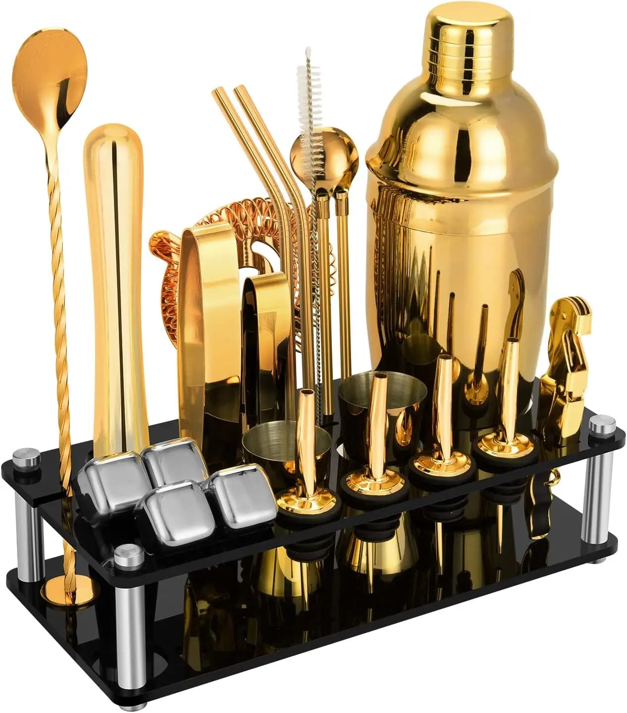 Set da Cocktail 23 Pezzi con Supporto in Acrilico e Libretto di Ricette, Strumenti Professionali per Miscelare Bevande, Kit Bar Domestico Dorato