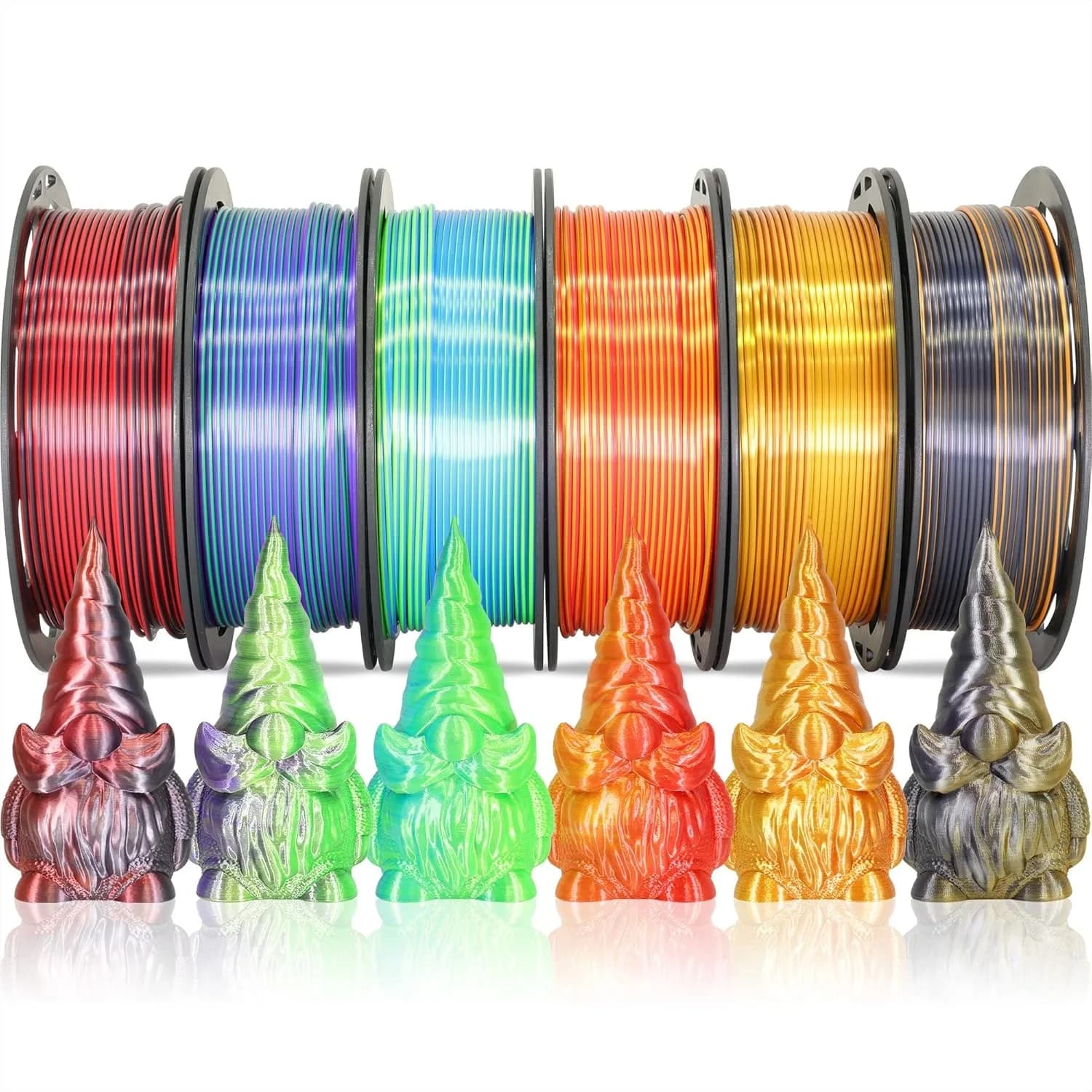 Confezione da 6 Bobine di Filamento PLA Seta Bicolore 1.75mm, Set di Filamenti per Stampante 3D con 6 Colori Metallici Brillanti, 250g Ciascuno, per FDM