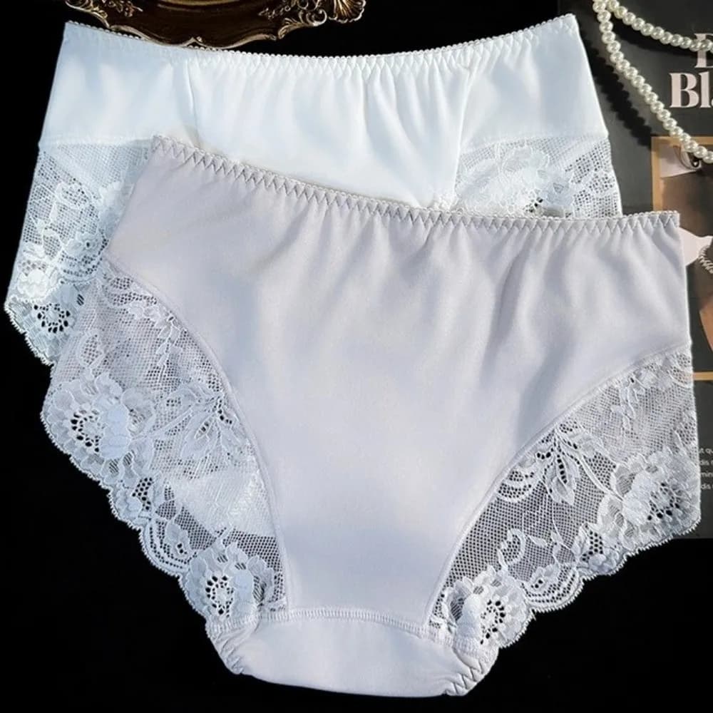 Fashion Mid Waist Lace Panties Plus Size Cotton Crotch Milk Silk Briefs Floral Mesh Women Underwear Lady