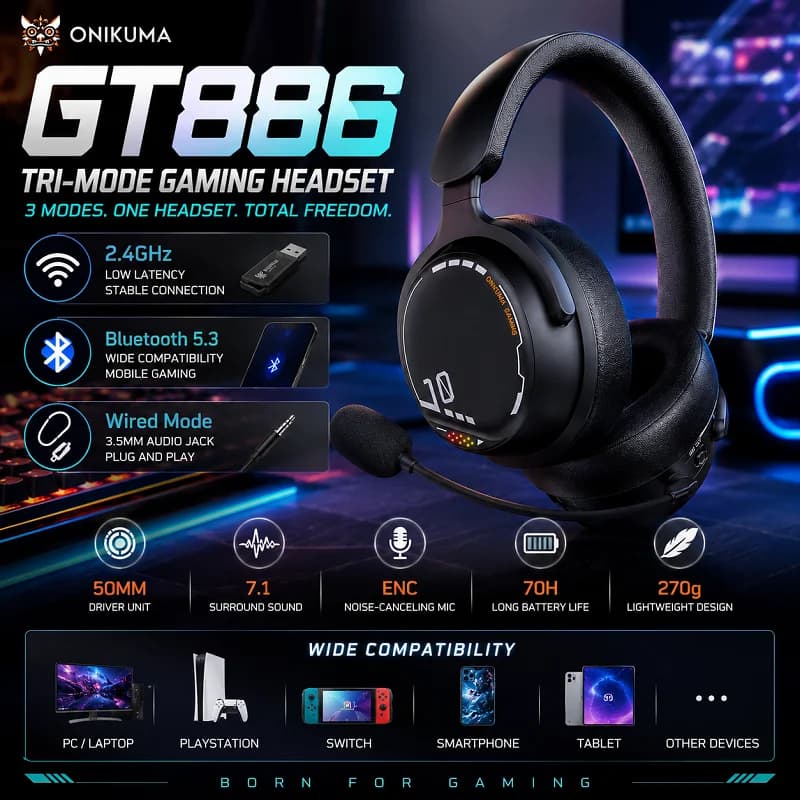 ONIKUMA GT886 Tri-Mode Lightweight Wireless Gaming Headset | Bluetooth 5.3 / 2.4G / Wired Connection, Hi-Fi Sound, Comfortable f