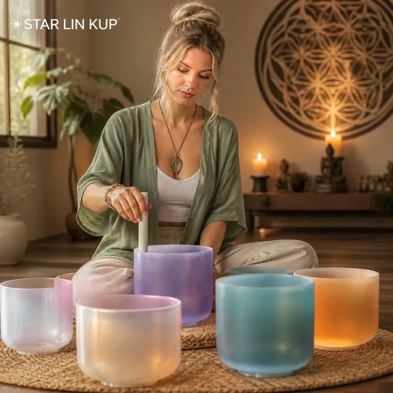 STAR LIN KUP 7 Chakra Crystal Singing Bowl Frosted Indigo Quartz Sound Healing Meditation Yoga Therapy Stress Relief Gift