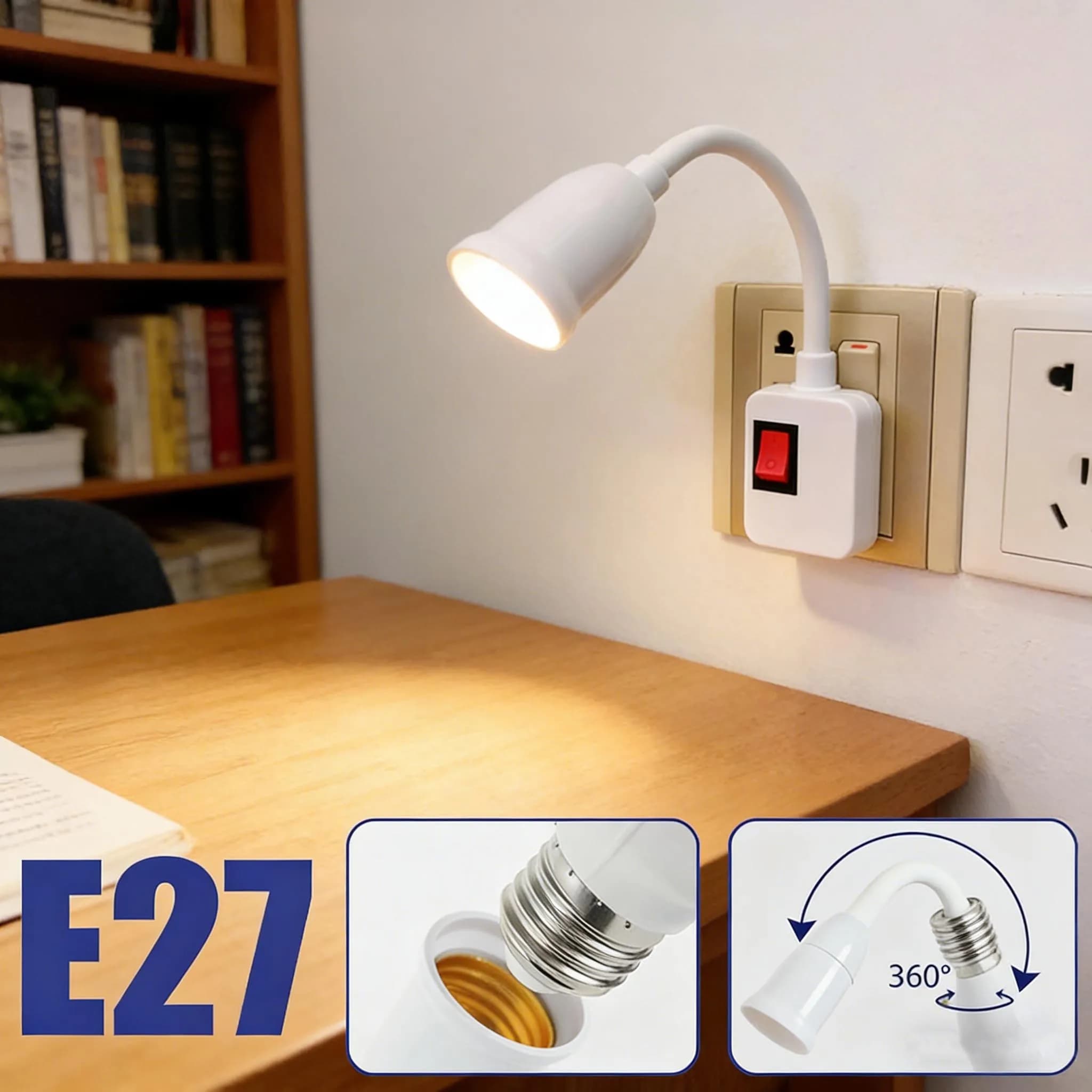 Lampadina LED con attacco E27, adattatore convertitore con interruttore, spina EU/US/UK, lampada a risparmio energetico per tavolo E2
