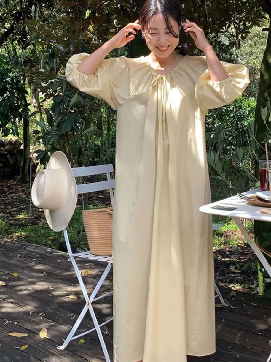 Soft Style Lantern Sleeve Dress Women's Loose Waist Belted Midi Holiday Style plus Size A-Line Dress Skin-friendly Breathable