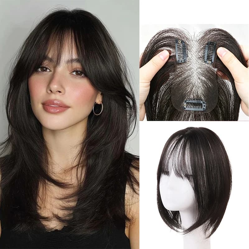 Full Hand-Tied Synthetic Hair Topper, Air Bangs Wig Piece for Thinning Crown, Invisible Breathable Clip-on Extension