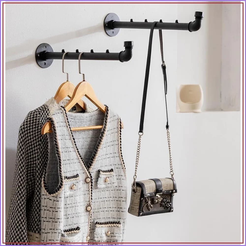 Heavy Duty Wall Pipe Clothes Bar - Metal Coat Hanger with Hook, Wall-Mounted Garment Holder Racks, 2Pcs