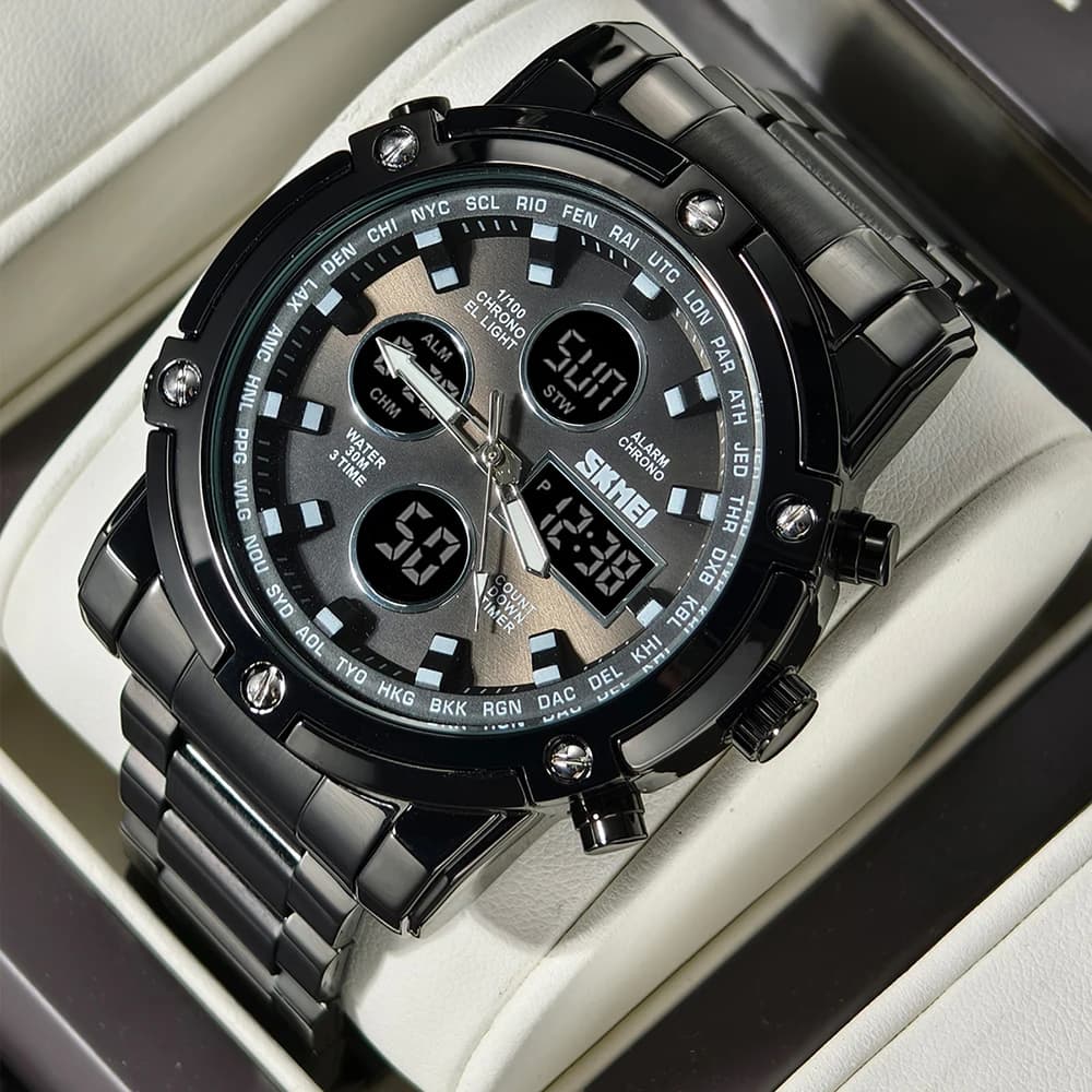 Orologio da Polso SKMEI per Uomo con Doppio Display, Conto alla Rovescia, Cinturino in Acciaio, Orologio Elettronico a Tre Fusi Orari, Orologio Digitale al Quarzo, Relogio Masculino