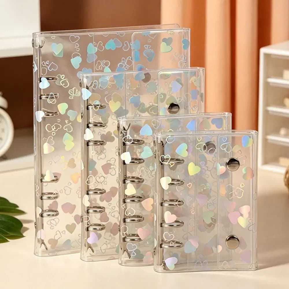 PVC Binder Cover Laser Heart Patterns A5/A6/A7/M5 Loose-Leaf Notebook Shell with Double Snap Closure Refillable Planner Cover