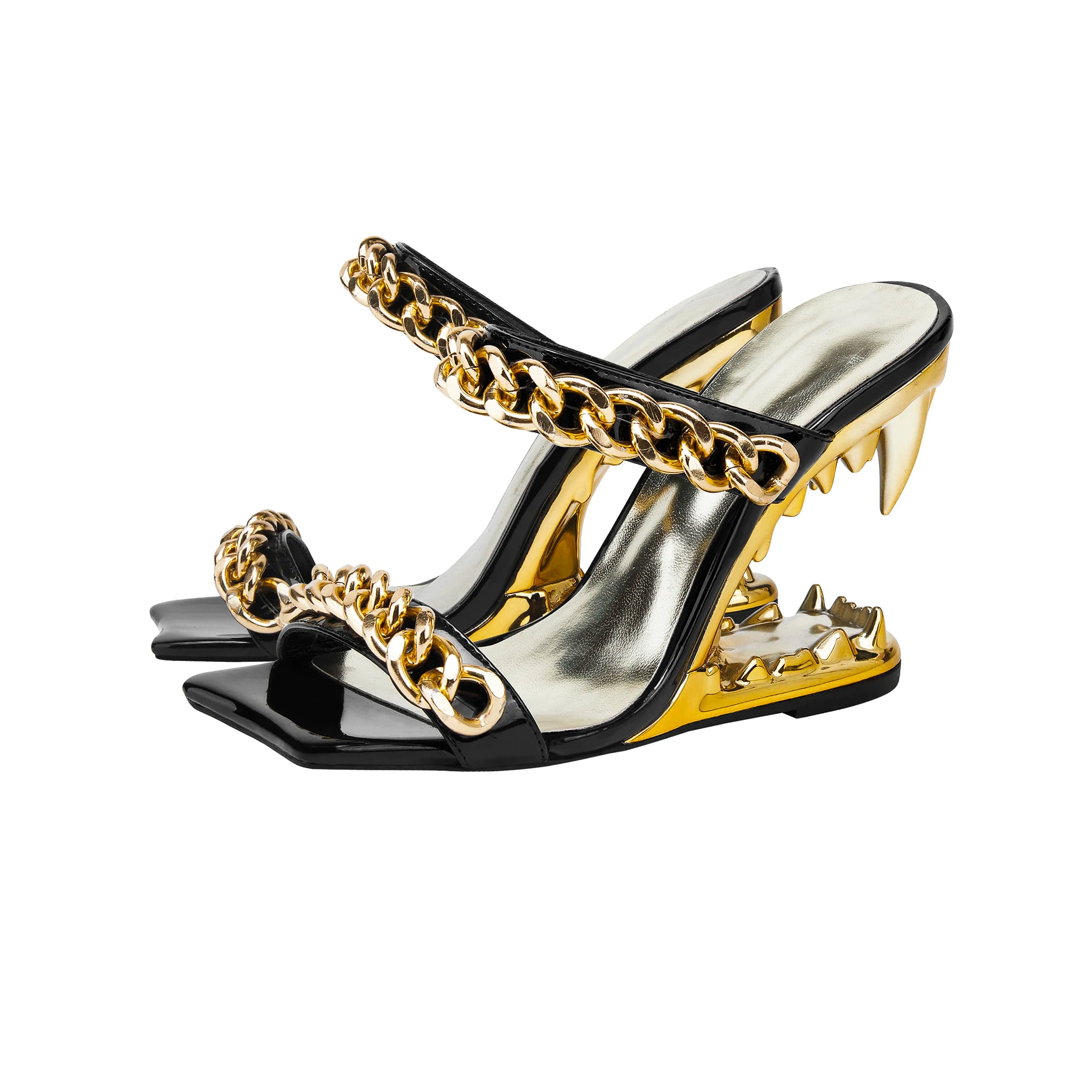 Summer square headed gold chain shiny irregular slope heel fashion slippers banquet large size high-heeled women's sandals