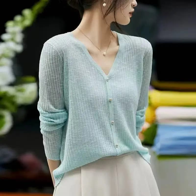 Thin Ice Silk Knitted Cardigan Women's Long Sleeve Summer V-Neck Outerwear Air Conditioning Shirt Sun Protection Outer Jacket...