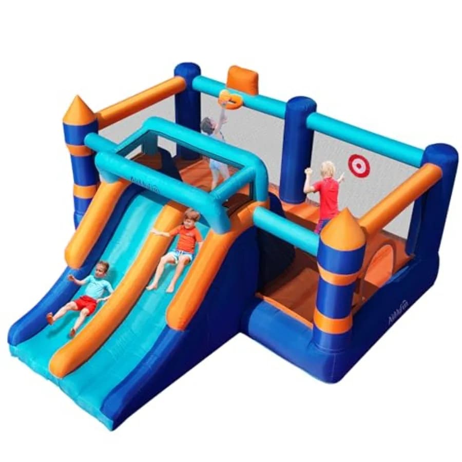 Inflatable Castle with Double Slide for Interior and Exterior, with Basket and Launch Area
