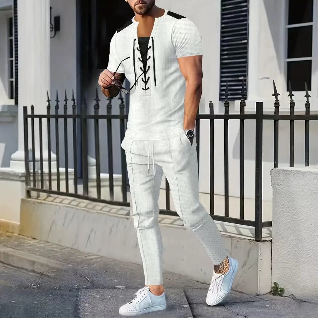 Completo Casual da Uomo Due Pezzi: T-Shirt a V a Maniche Corte con Pantaloni Lunghi a Cordino, Stile Primaverile Comodo e Versatile