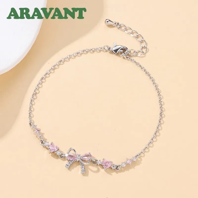 ARAVANT 925 Silver 18K Gold Bow Pink Zircon Bracelet Chains For Women Charm Jewelry