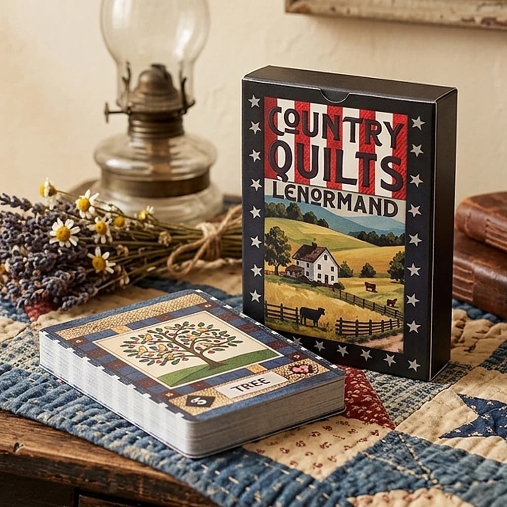 Country Quilts Lenormand Deck, Mazzo di 36 Carte per Divinazione con Motivo Rustico a Trapuntino 9*6cm su Cartoncino a Doppia Goffratura