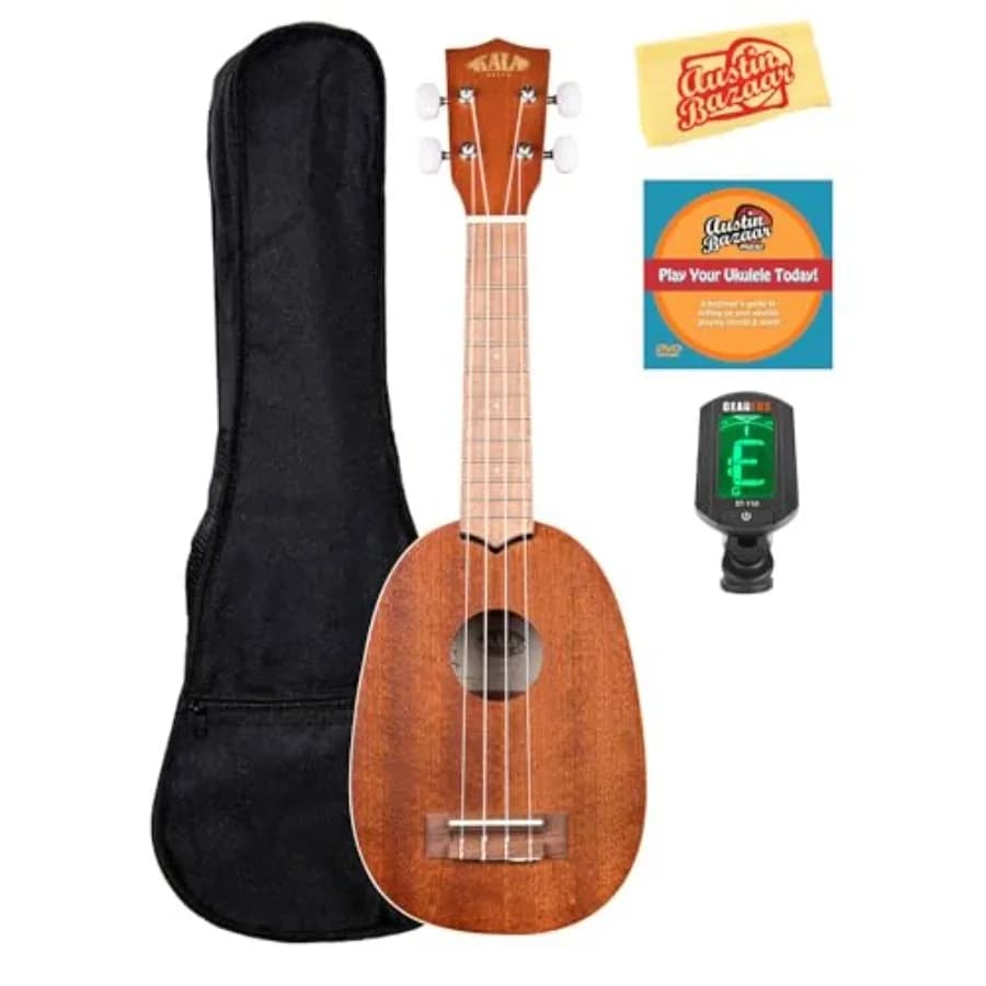 Soprano ukulele bundle for beginners: mahogany body, natural finish, includes gig bag, clip-on tuner, instructional DVD, and po