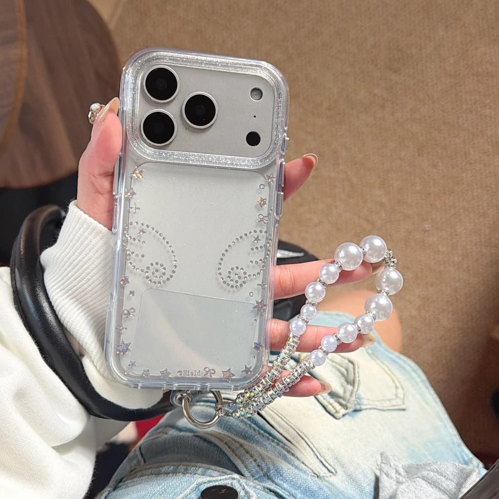 Cover Protettiva per iPhone 17 16 15 14 Pro Max con Ali d'Angelo Trasparenti, Bordo Dorato a Stella e Airbag, Stile Sognante, con Laccetto