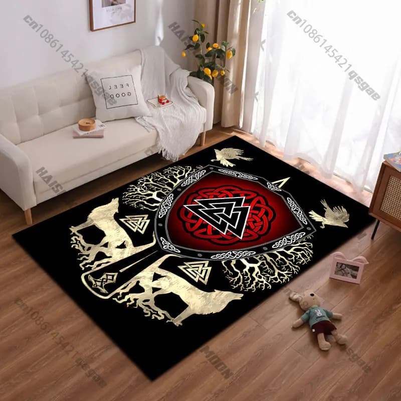 Tappeto con simboli e animali della mitologia norrena, tappeto da yoga, decorazione per soggiorno, tappetino per bambini, zerbino, tappeto per giochi