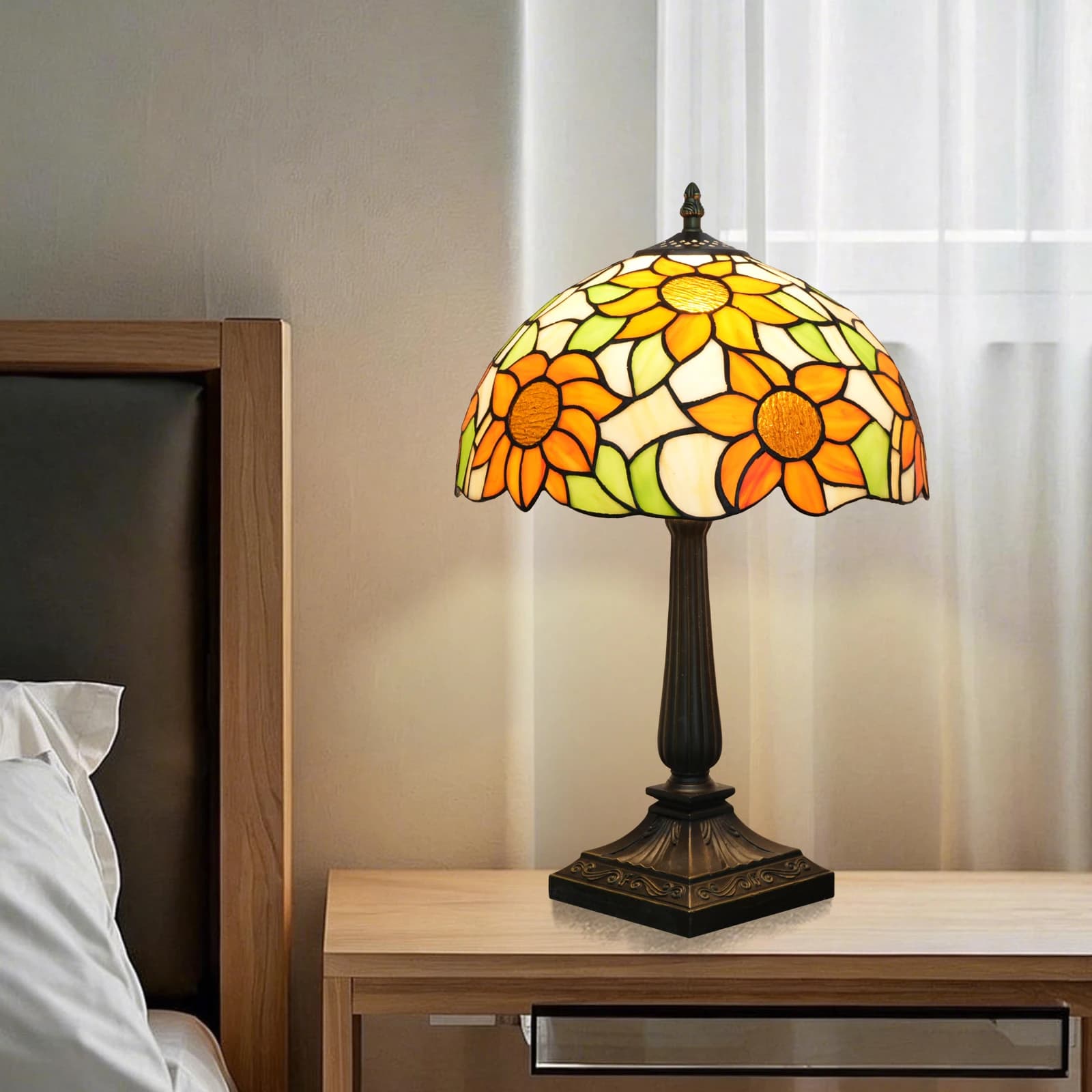Tiffany Stained Glass Bedroom Table Lamp, 12" Yellow Sunflower Reading Desk Light for Bedside, Living Room, Office, Dining Room