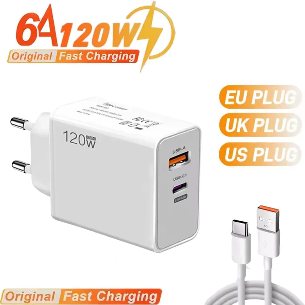 Caricabatterie GaN 120W USB Type C a ricarica rapida per Samsung Huawei Xiaomi iPhone, adattatore USB-C per cellulare, caricatore da parete a ricarica rapida