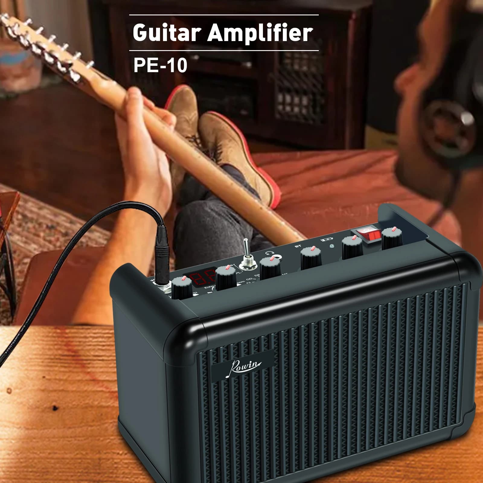 Rowin Amplificatore per chitarra 15W Combo Amp Multi Effetti Ritardo OD Reverb Mini Pratica Amplificatore per chitarra Bluetooth Batteria portatile incorporata