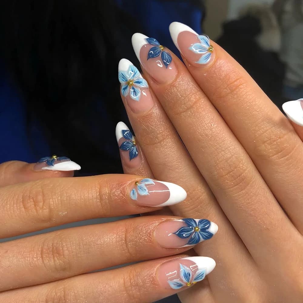 24 pieces almond 3d gel flower white tip print on nails, perfectly suitable set of acrylic fake nails, contains 1 piece of gelatinous glue and 1p
