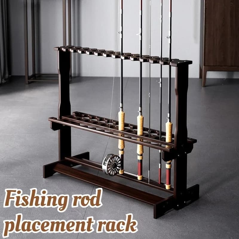 Espositore per canne da pesca addensato per uso domestico Scaffali multifunzionali per attrezzi per attrezzatura Scaffali per posizionamento di canne da pesca in legno massello