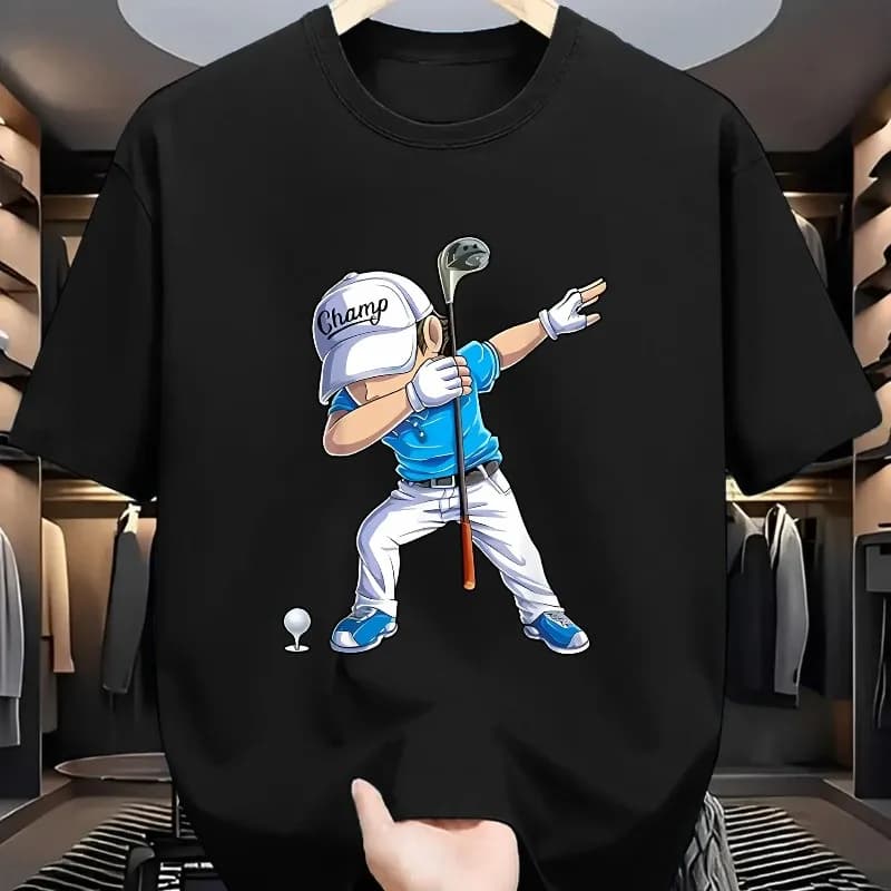 Summer Men's Pure Cotton T-shirt Golf Cartoon Printed Pattern Casual Cotton Short Sleeve O-Neck Breathable Street Wear Summer