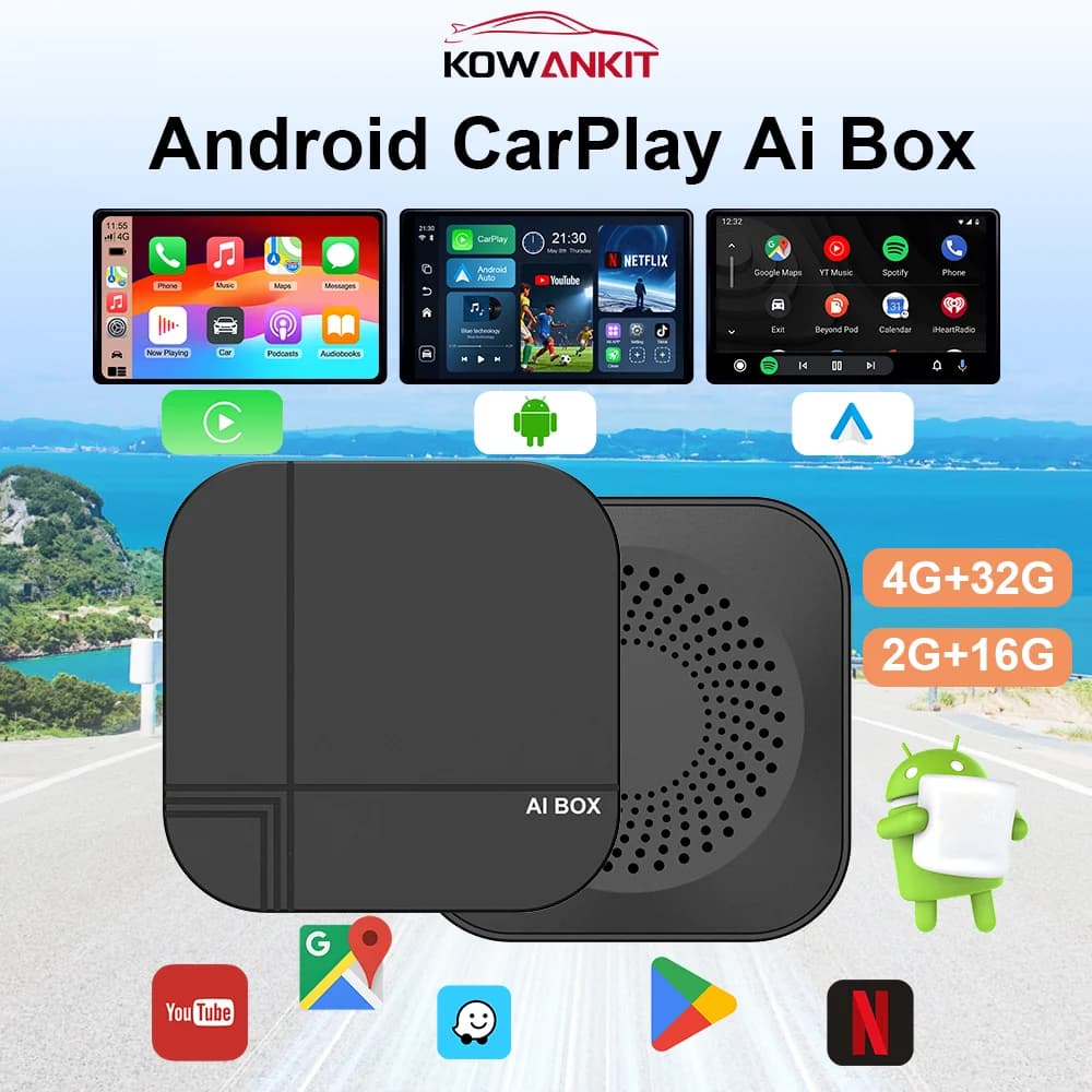 2026 Kowankit 4+32G Wireless CarPlay Smart Ai Box Plug & Play Android Auto 3 in 1 Car TV Box per YouTube Netflix