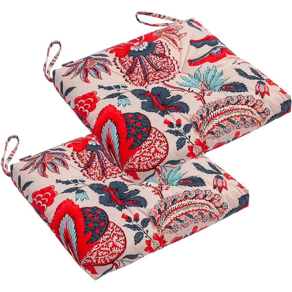 2-Pack Wicker Patio Seat Cushion Pad with Ties - Dining Chair Cushion, 17 x 17 (Blue and Red Leaves)