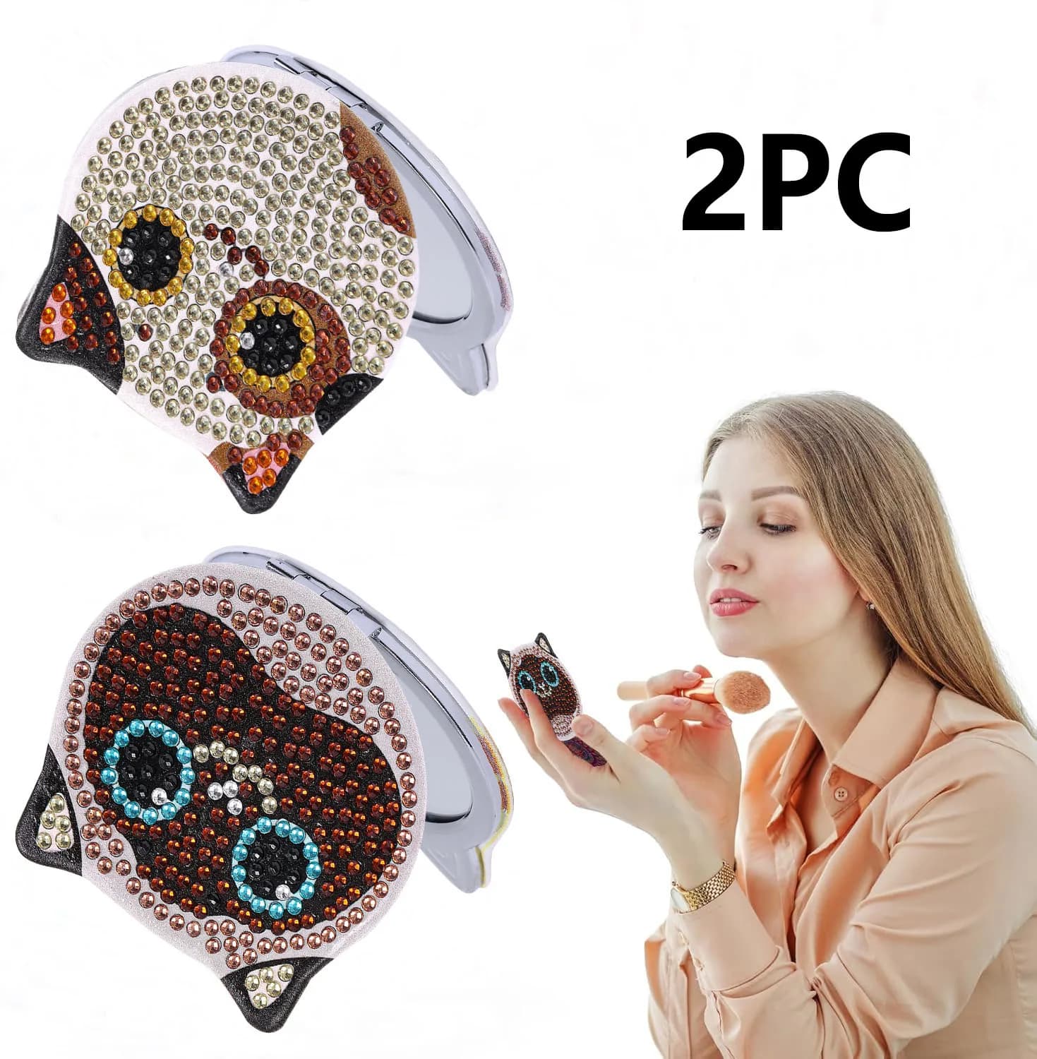 2 set di kit di specchi per pittura artistica con diamanti fai-da-te, realizzati in pelle PU con tema gatto, specchio per il trucco da viaggio portatile