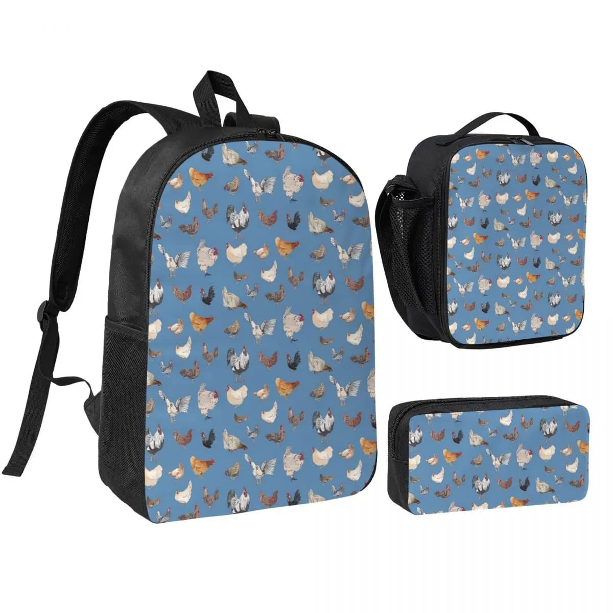 Zaino con stampa Chicken Happy per studenti, ragazzi e ragazze, borsa per libri, borsa per computer, borse a tracolla, 3 pezzi, borsa termica per il pranzo, astuccio per matite