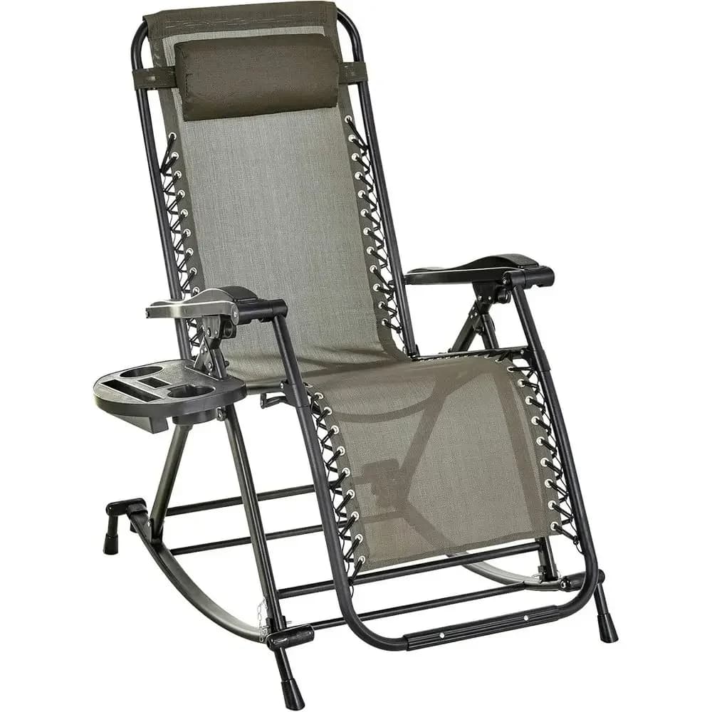 Gray Outdoor Reclining Zero Gravity Rocking Lounge Chair with Pillow, Cup & Phone Holder, Folding Legs Design