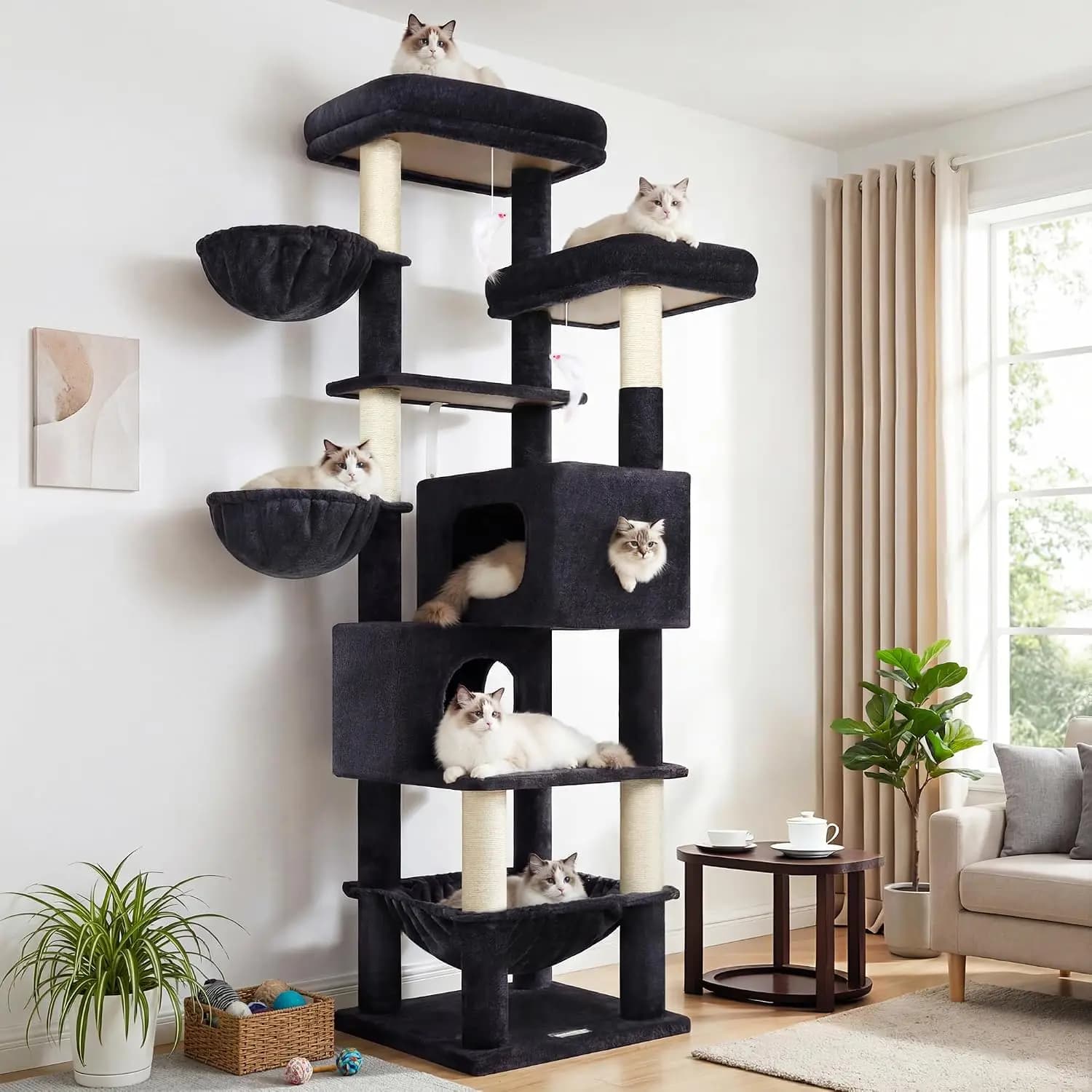 73" Cat Tree for Large Cats 20 lbs+ with 5 Scratching Posts & Hammock, Sturdy Tower for Adult Maine Coon, Dark Gray, Customized