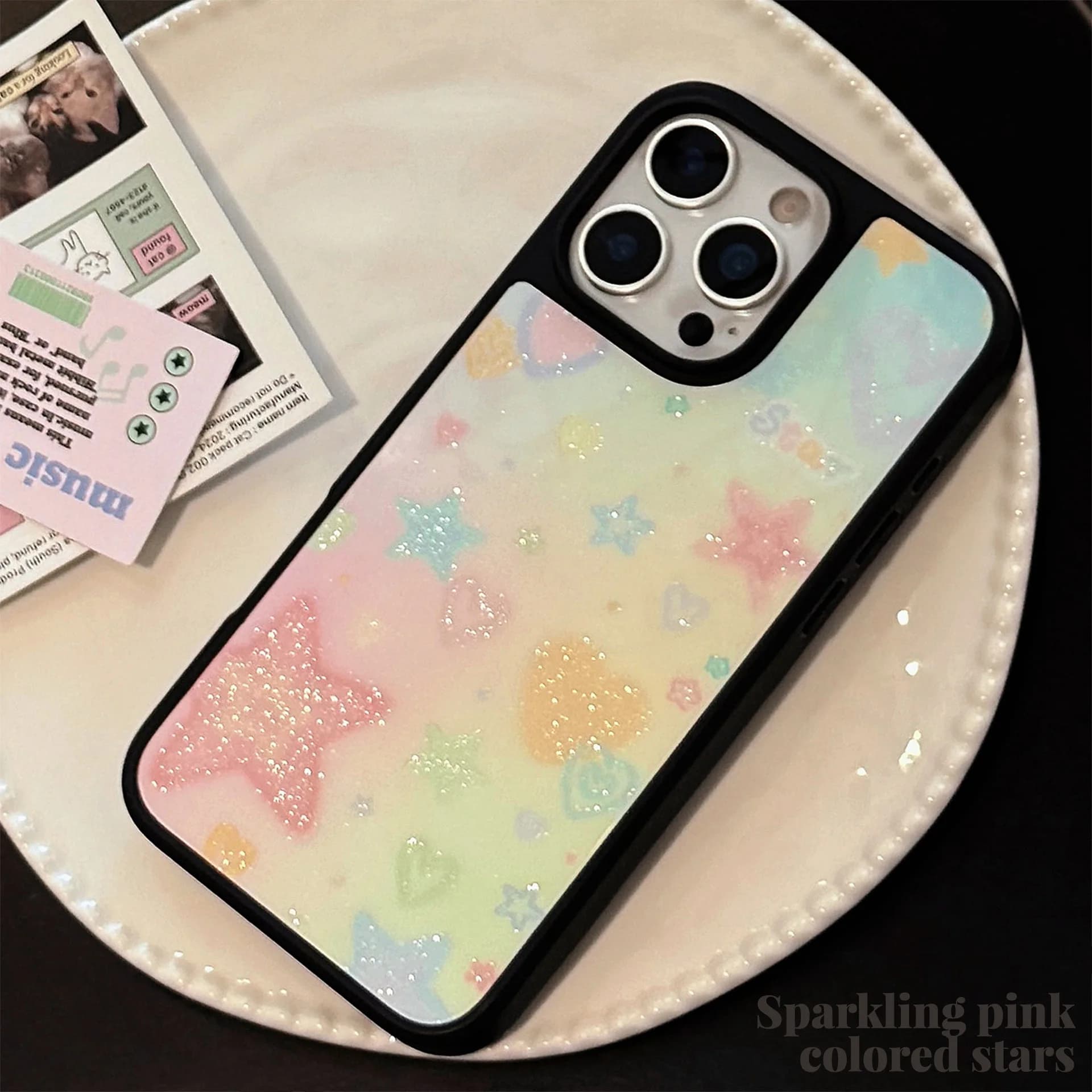 Korean phone case with black frame glittered heartless love stars for iPhone 16 15 14 12 13 Pro Max Protective shockproof case