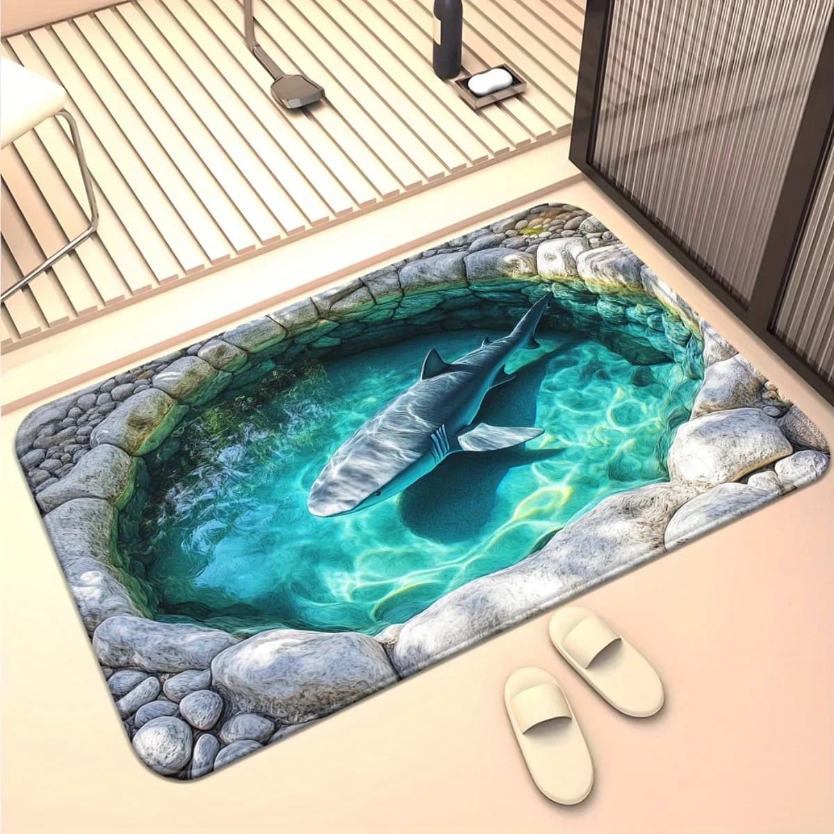 Zerbino Shark in the Pond - Tappetino antiscivolo con scena oceanica, tappeto in poliestere per camera da letto, soggiorno, campeggio e picnic