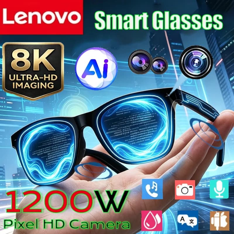 Occhiali Intelligenti Lenovo AI con Fotocamera 8K, Controllo Touch, Registrazione Foto, Assistente Vocale, Traduttore, Musica, Bluetooth Wireless