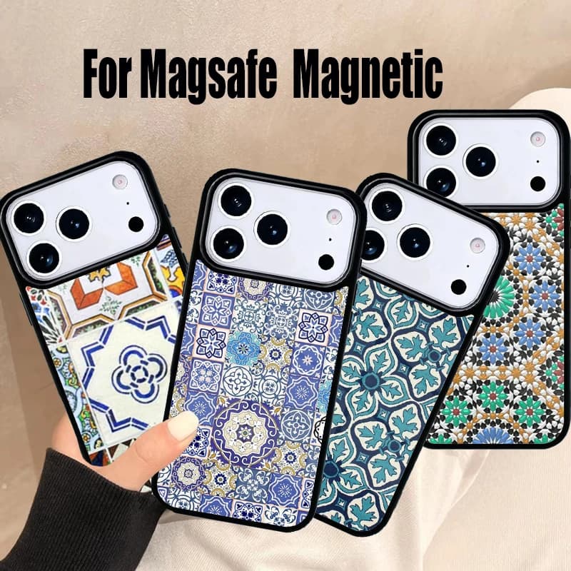 Cover Magnetica Wireless Magsafe per iPhone 17 Air 16e 15 14 13 12 11 Pro Max Plus con Motivo Piastrelle Marocchine