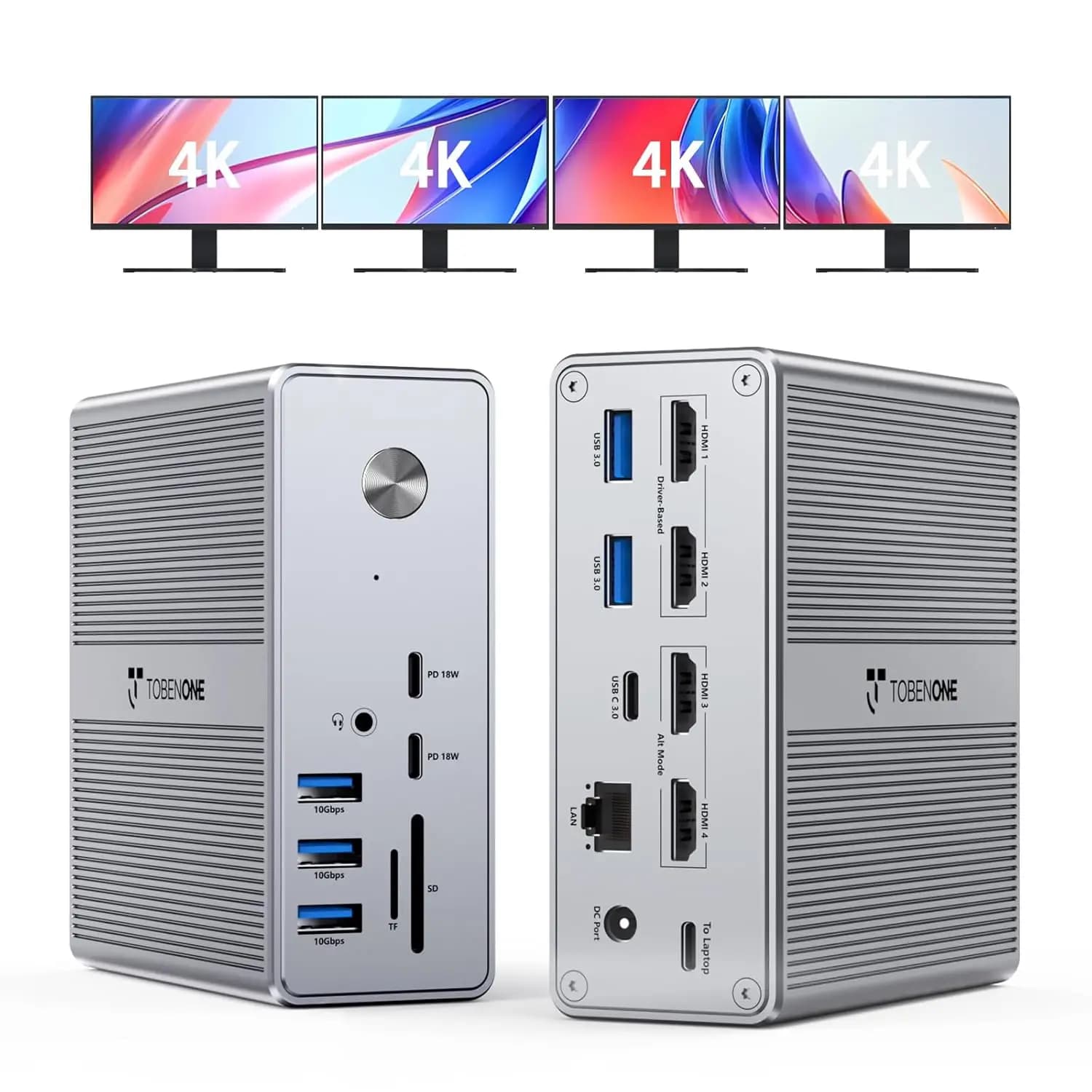 Docking Station per 4 Monitor con 4 HDMI, Dock Display Quad/Triple 18-in-1, Alimentazione 120W per Thunderbolt/USB-C Windows/MacBook
