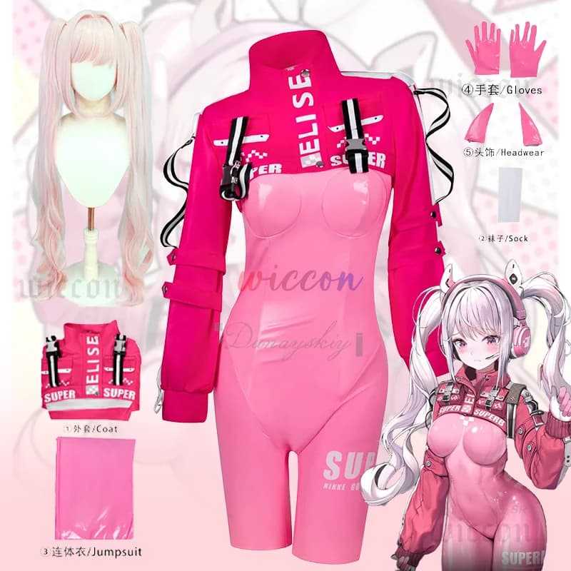 Nikki Alice Costume Cosplay Tuta Parrucca Cappotto Abito in lattice Copricapo Set completo Donna Ragazza Carnevale di Halloween