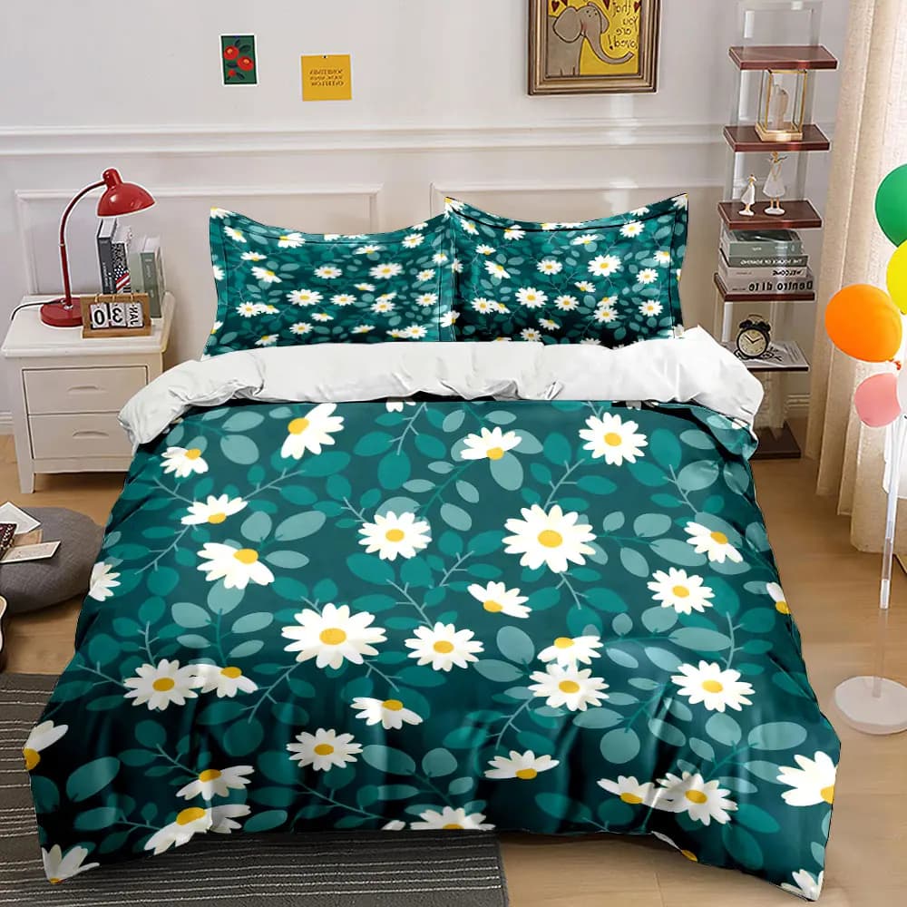 Set di biancheria da letto con margherite bianche e sfondo di foglie verdi, 1 copripiumino, 2 federe per adulti e bambini, regalo di lusso, misura completa