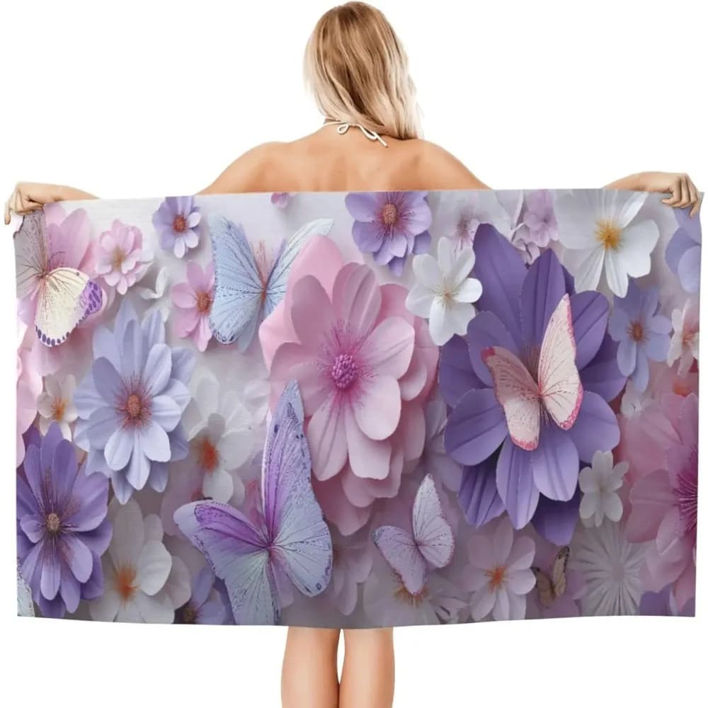 Telo Mare Artistico 3D con Farfalle e Fiori, Asciugatura Rapida, Assorbente, Grande, Anti-Sabbia, Essenziale per Viaggi e Piscina
