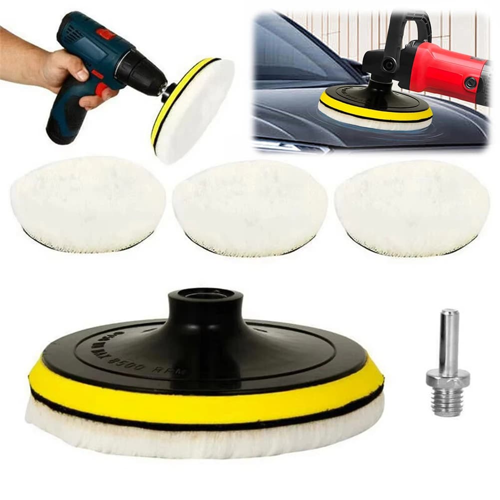 Tamponi per lucidatura in lana da 4/7 pollici Kit universale per mocio con ruota per lucidatura in lana Disco abrasivo floccato per dettagli auto Ceretta Lucidatura