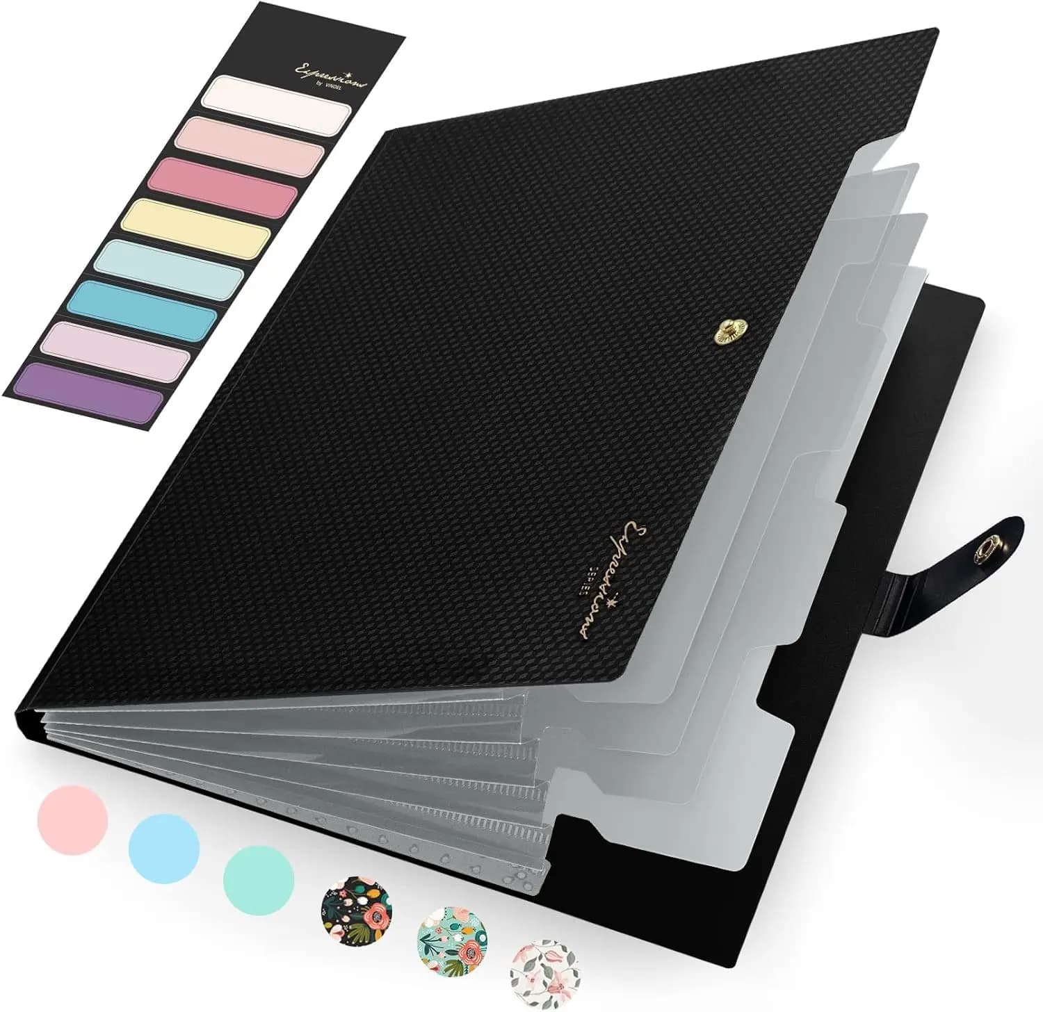 Folder Paper Holder Expandable Format Letters with Labels, Organizer to 5 Paper Pockets, Portable A4 Black for Home School Office
